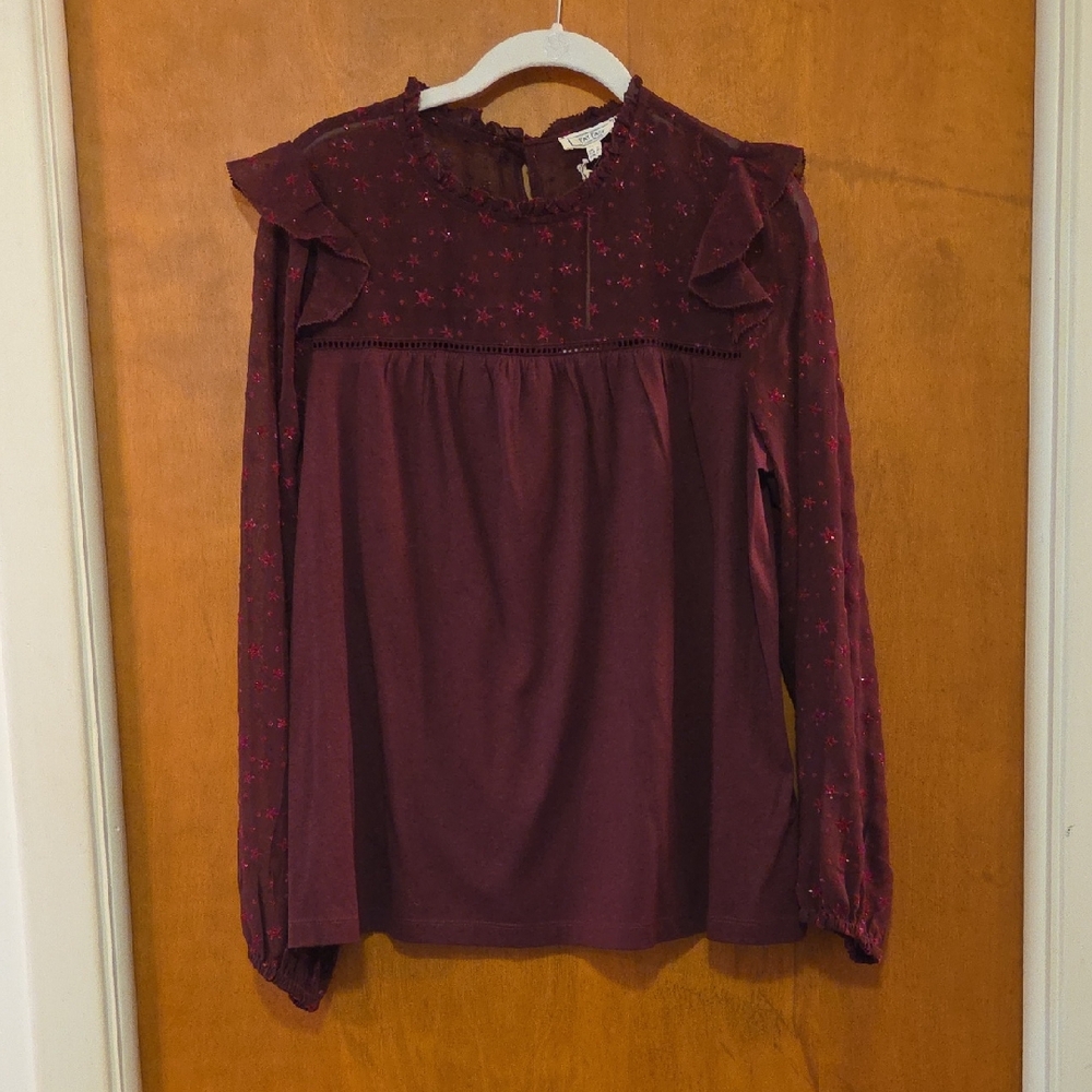 NEW with Tags Fat Face Maroon Blouse with Ruffle Accents 8